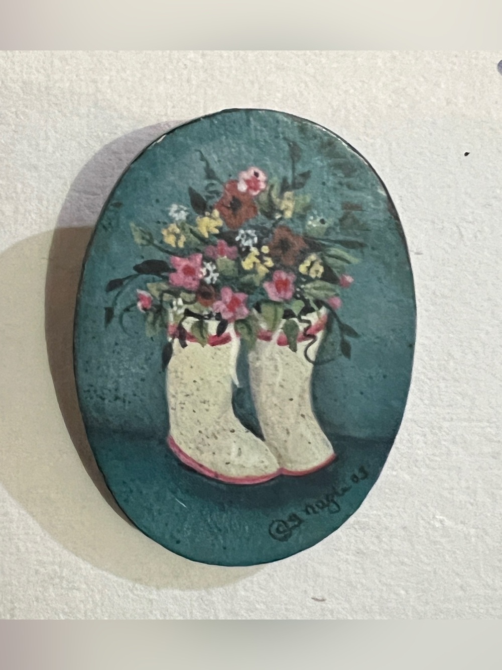 Folk Art Brooch Painted Floral Boots Flowers Teal Background